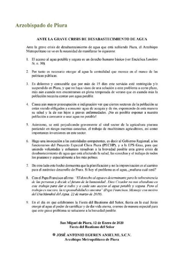 Comunicado de Arzobispo de Piura José Antonio Eguren