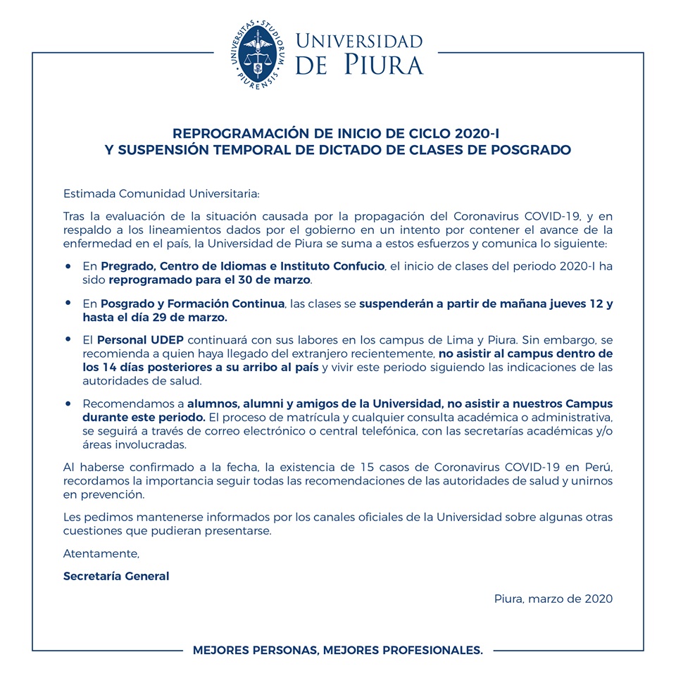 Comunicado Udep Coronavirus