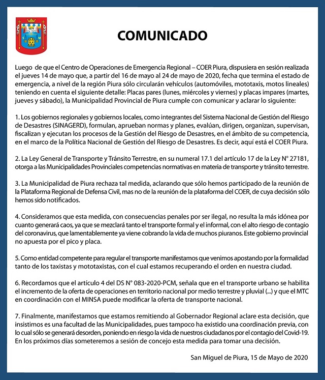 Comunicado pico y placa