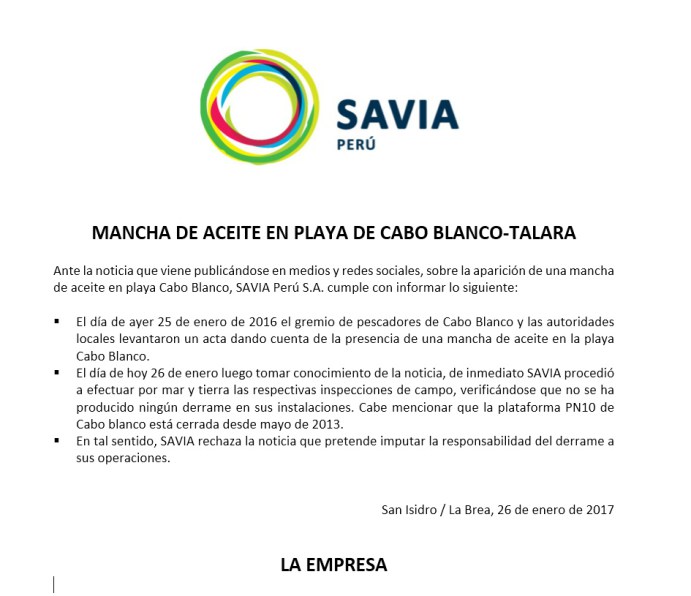 Comunicado Savia Perú 27 01 17