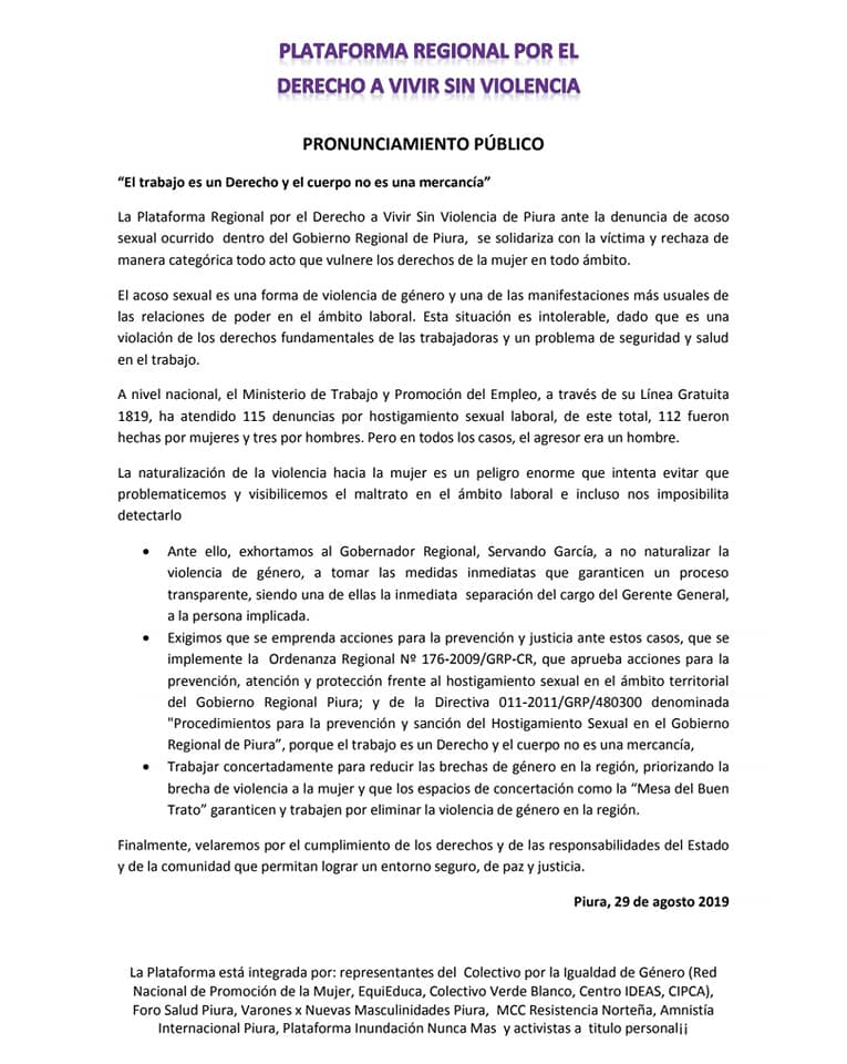 Pronunciamiento de Plataforma Regional por el Derecho a Vivir sin Violencia