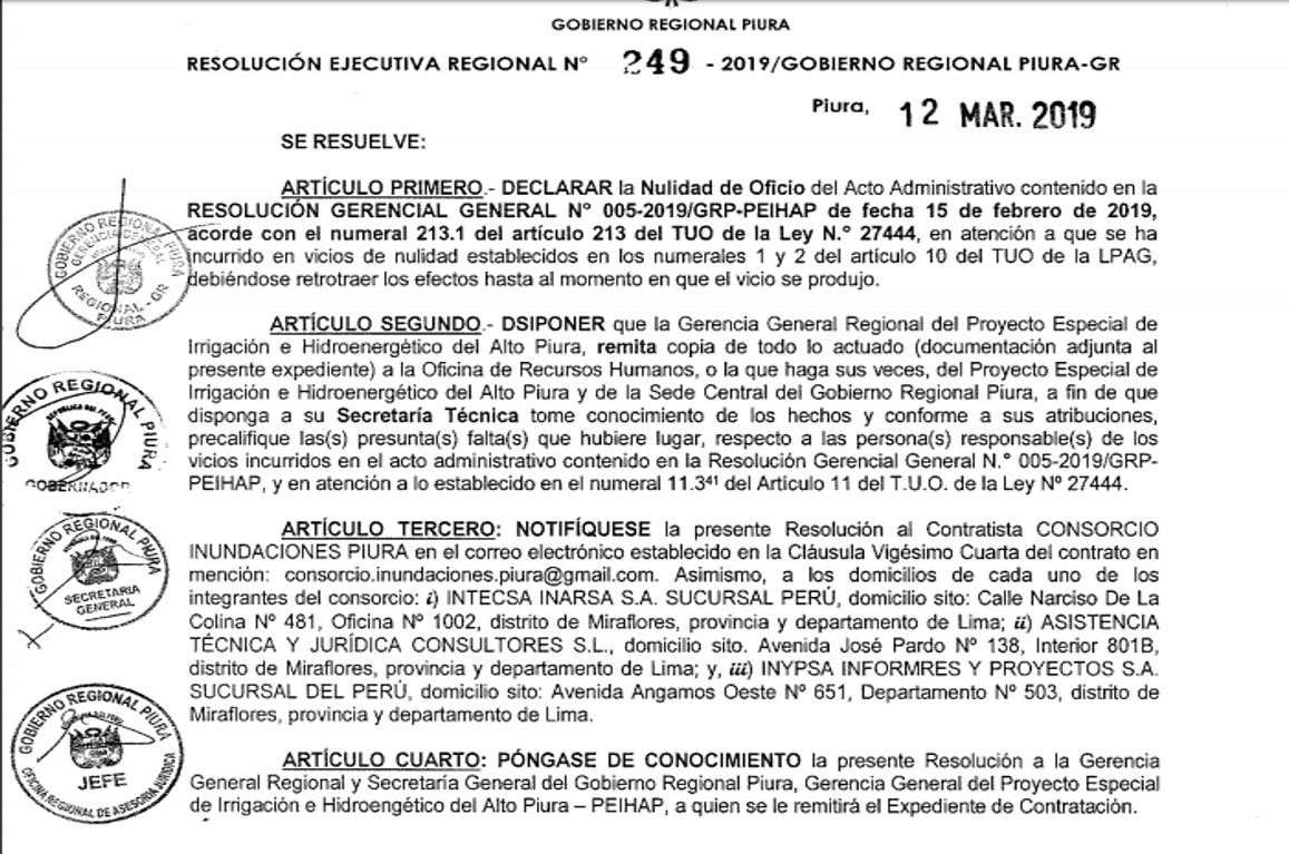 Se declaró la nulidad de lo actuado y ratifica consultoría a favor de Consorcio Inundaciones Piura