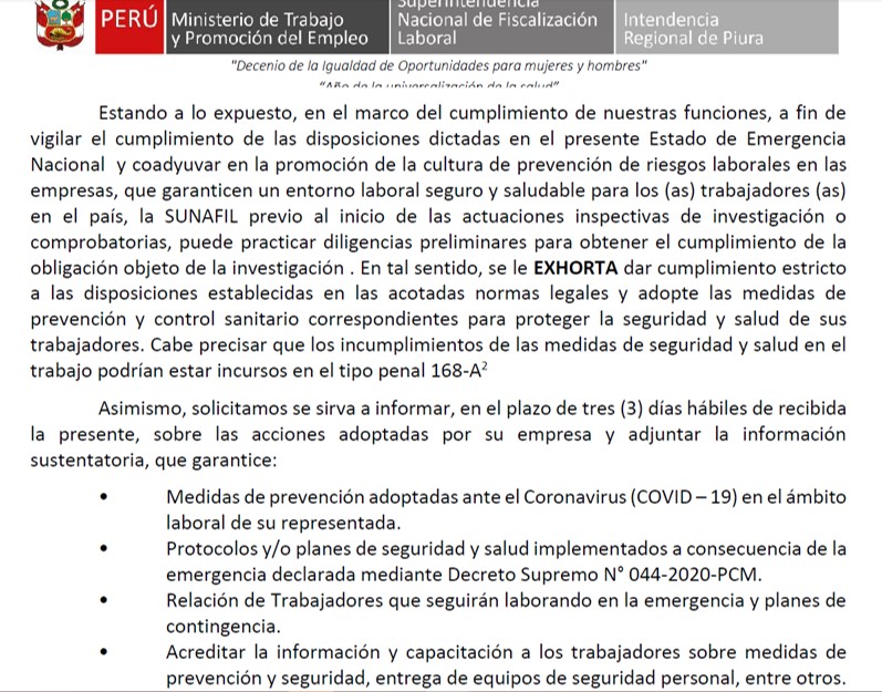 Sunafil pidió a Rapel SAC sobre medidas implementadas